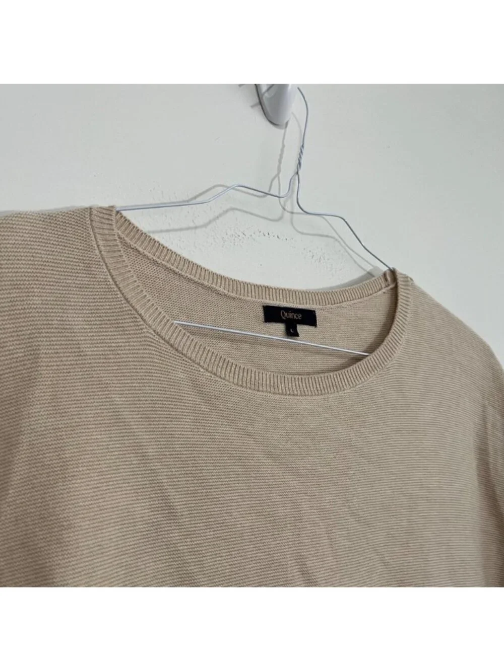 Quince Lightweight Cotton Cashmere Link-Stitch Dolman Sweater L Heather Oatmeal